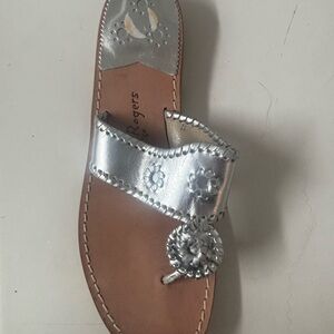 Jack Rogers Silver Leather Thong Sandal with Whipstitch Medallion